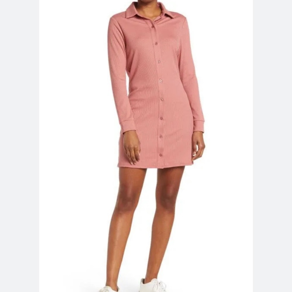 WAYF Mauve Ribbed Button Up Shirt Dress